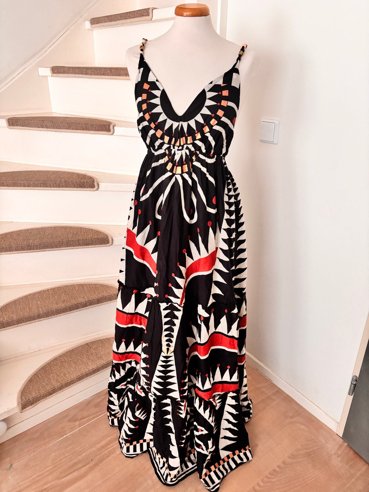 Cotton Club Bohemian Maxi Jurk - Zwart/Wit/Rood - Maat S, Meerkleurig, Nieuw, Ophalen of Verzenden, Maat 36 (S)