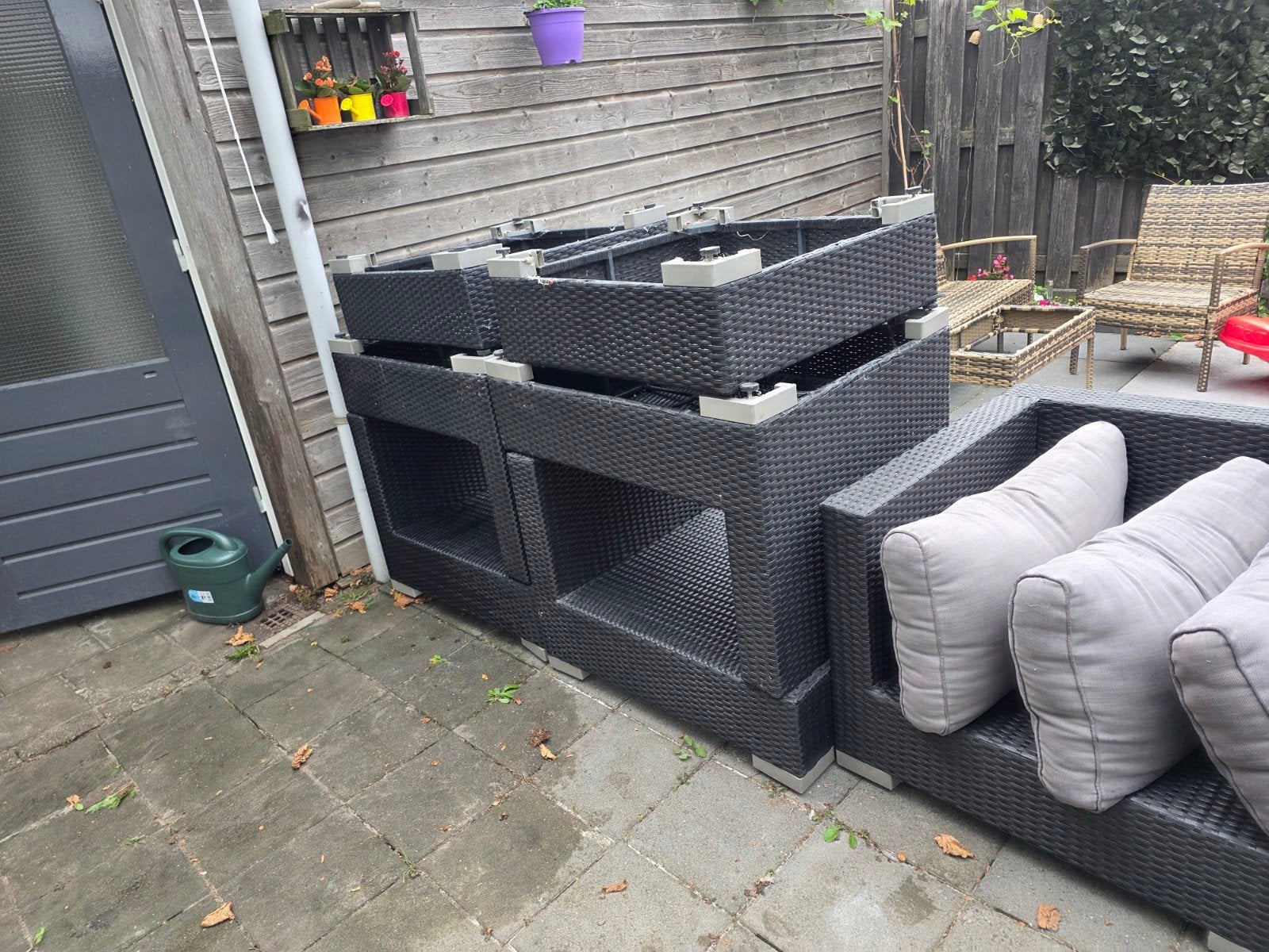 Modulaire Wicker Loungeset - Zwart met Kussens, Gebruikt, Meer dan 8 zitplaatsen, Ophalen of Verzenden, Loungeset