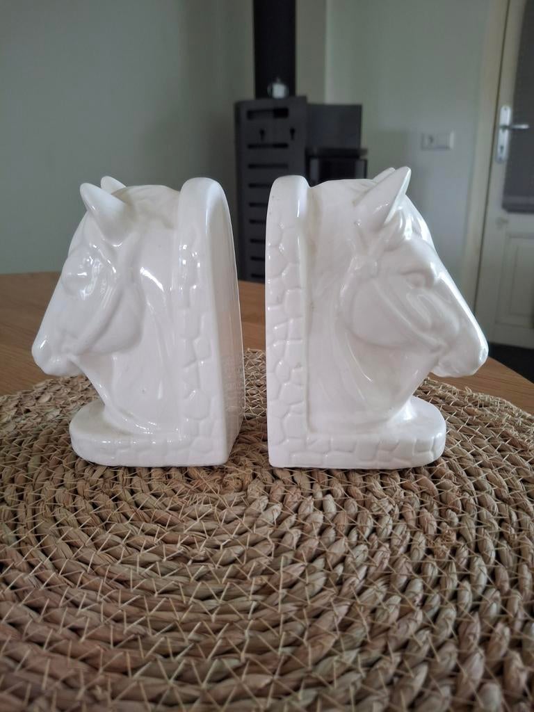 Vintage Keramiek Paarden Boekensteunen - Wit, Ophalen of Verzenden