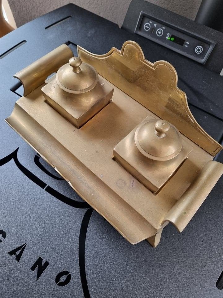 dubbele inktpot stand bronze, Ophalen, Brons