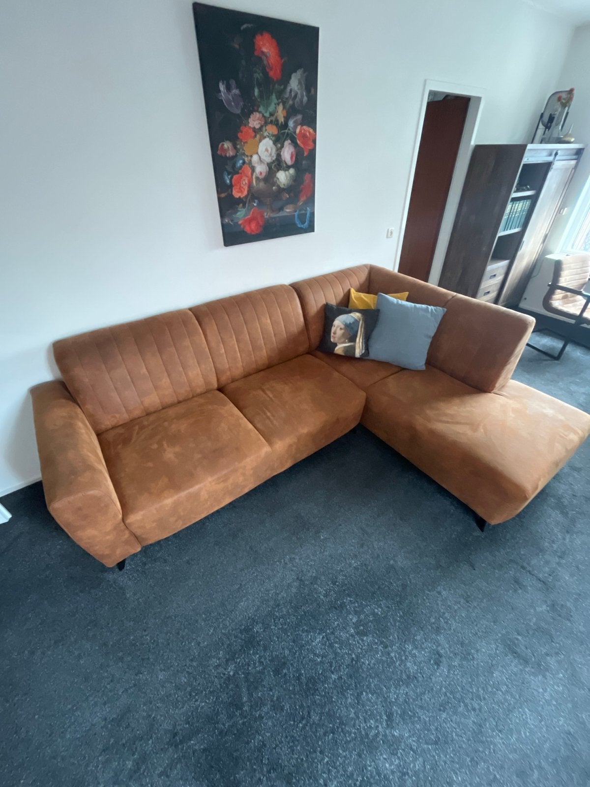 Hoekbank cognac stof - Zo goed als nieuw!, Ophalen of Verzenden, Zo goed als nieuw, Hoekbank, Stof