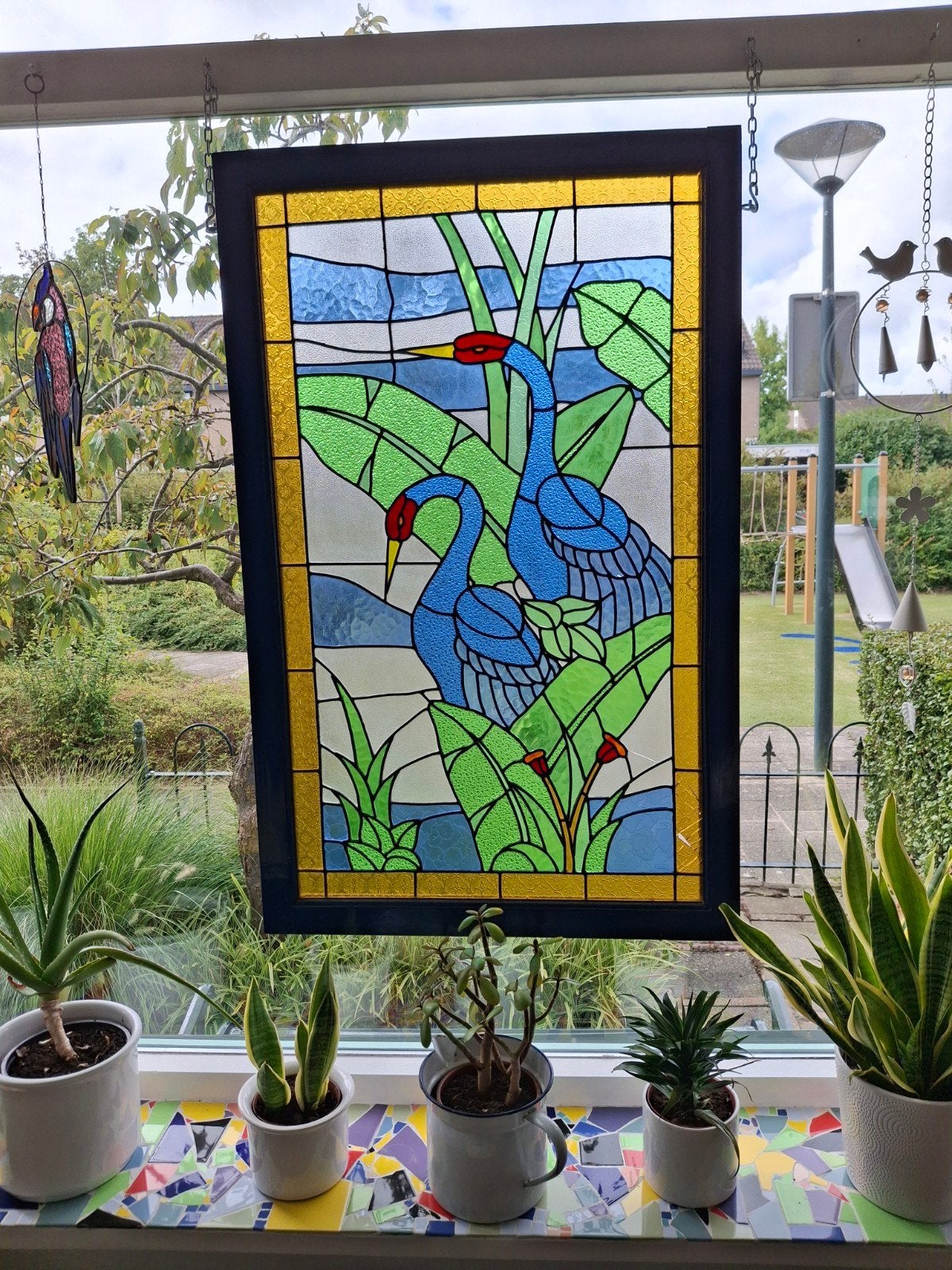 Prachtig glas-in-lood raamhanger met kraanvogels, Ophalen of Verzenden