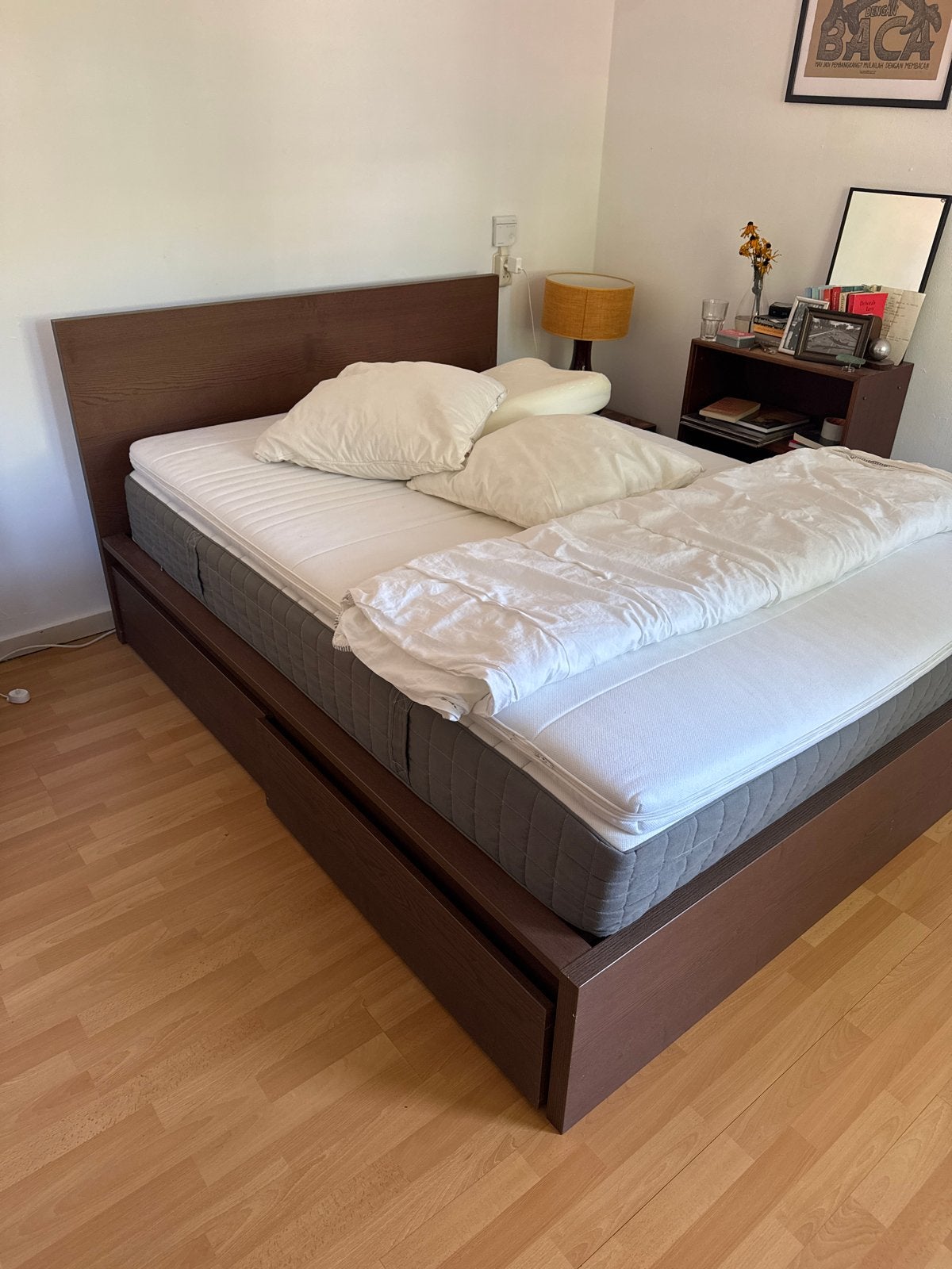 IKEA MALM bed 140x200 met lattenbodems en 2 opberglades, Ophalen, Gebruikt, Bruin, Tweepersoons