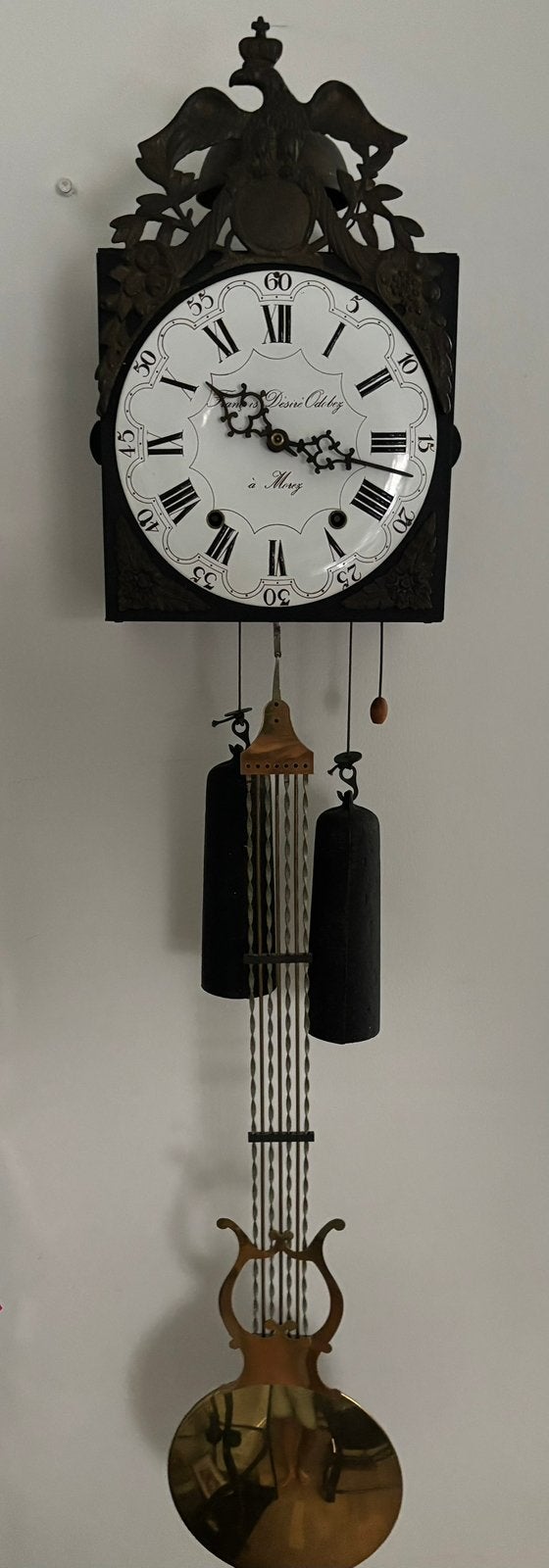 Antieke Franse Morez wandklok (2 gewichten+slinger) werkend, Ophalen