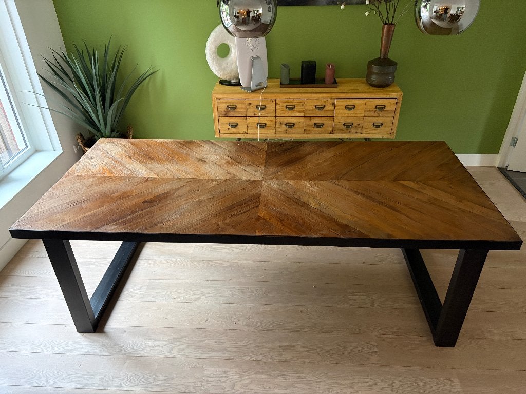 Eettafel 220 x 100 teak visgraat inleg, Ophalen, Gebruikt, 200 cm of meer, Vijf personen of meer