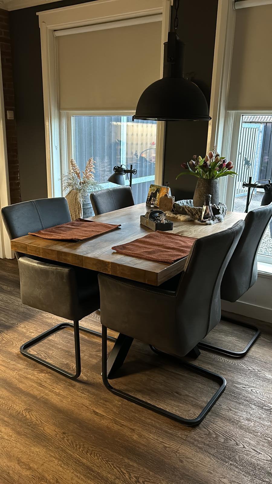 5 grijze eetkamersteoelen, Huis en Inrichting, Ophalen, Overige materialen, 50 tot 100 cm, Zo goed als nieuw