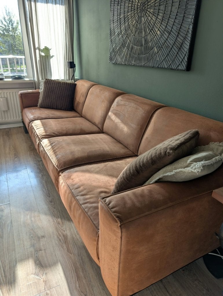 Statement 4-zits Bank 280 Cm Eco Leer Cognac, Huis en Inrichting, Ophalen, 250 tot 300 cm, Zo goed als nieuw, Rechte bank