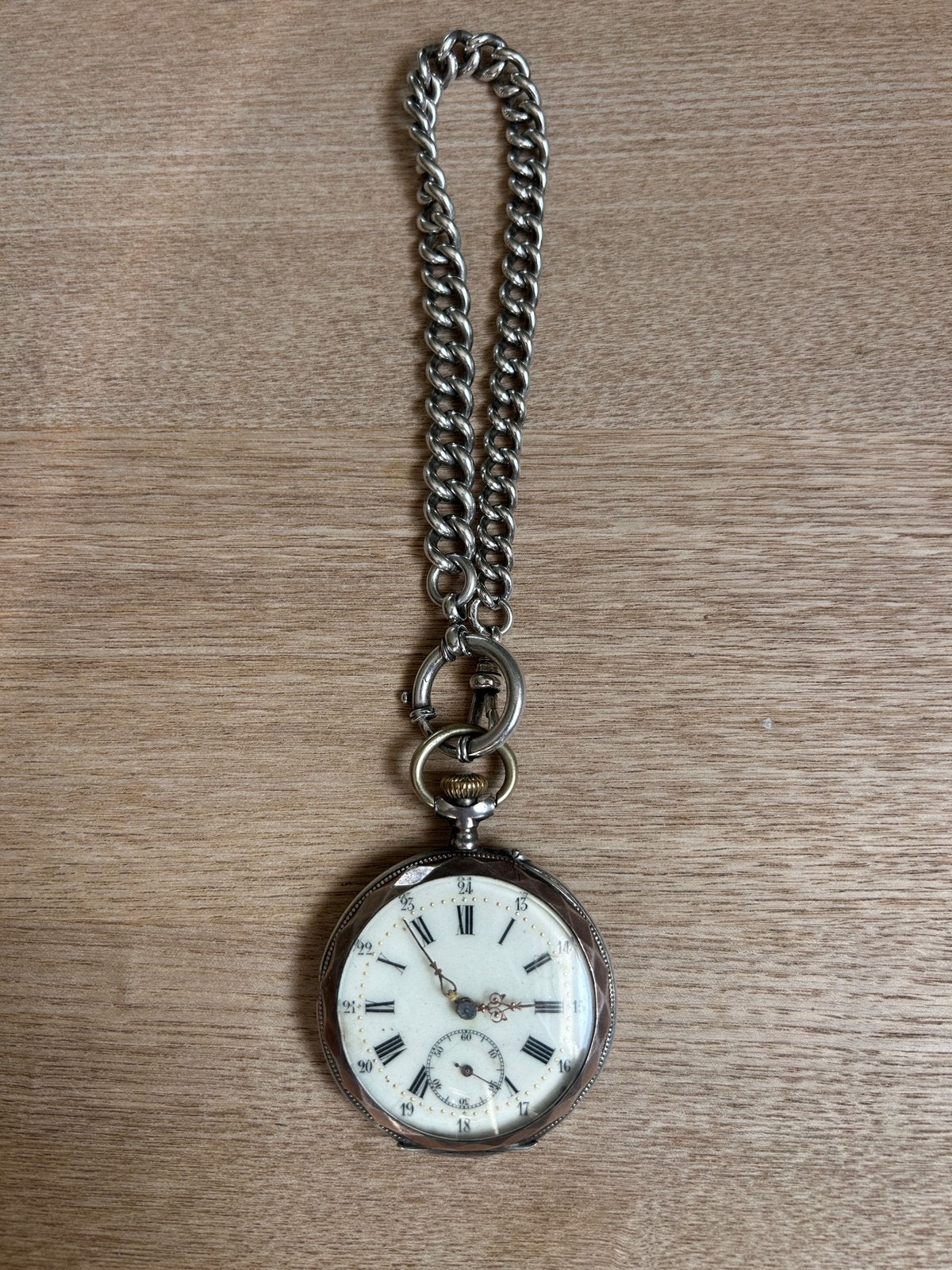 Prachtig Antiek Zilveren Zakhorloge met Ketting, Ophalen of Verzenden, Zilver, Overige merken, Met ketting