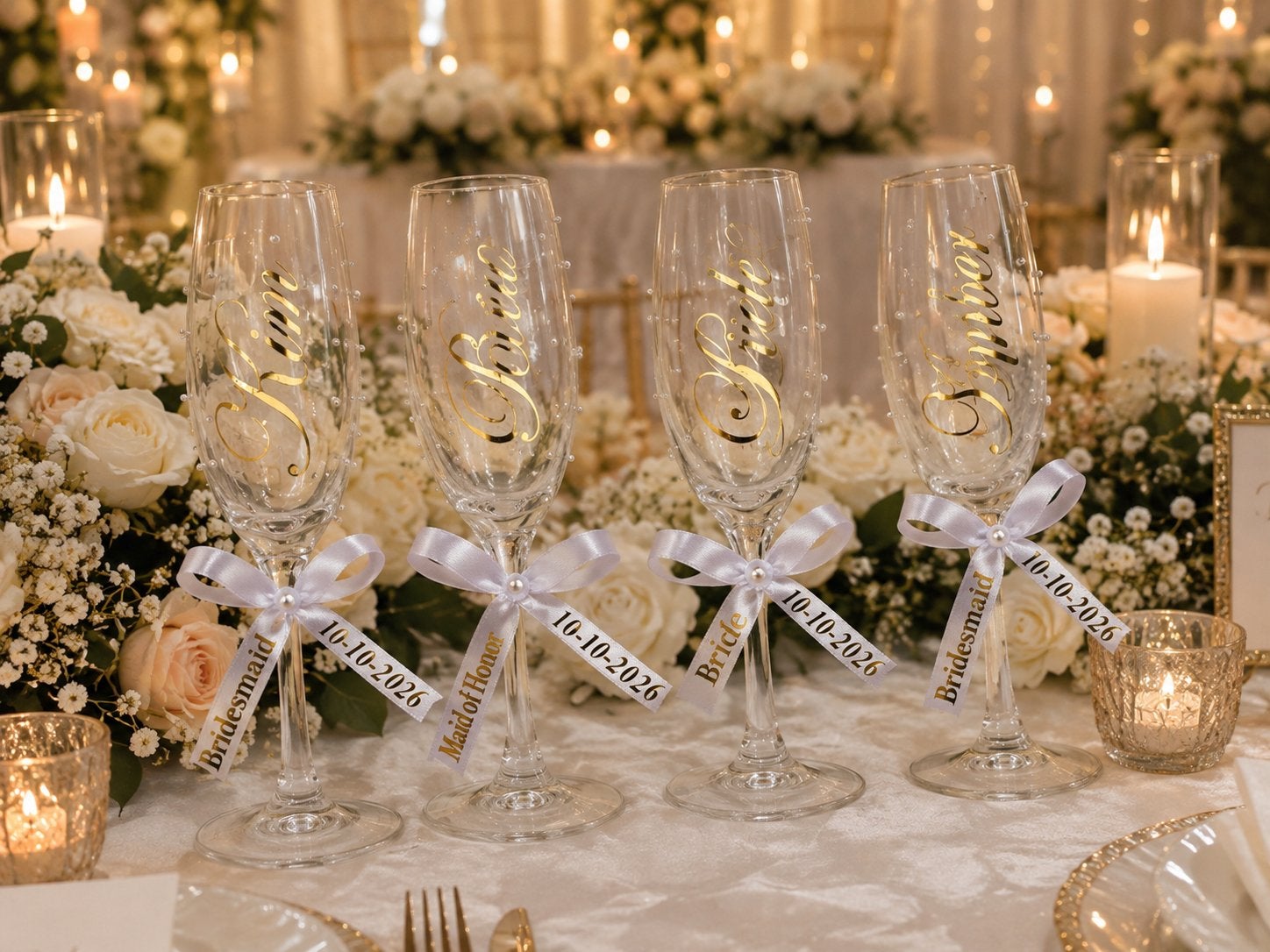 Gepersonaliseerde champagneglazen voor bruiloft/feest, Ophalen of Verzenden, Zo goed als nieuw, Wit, Overige merken