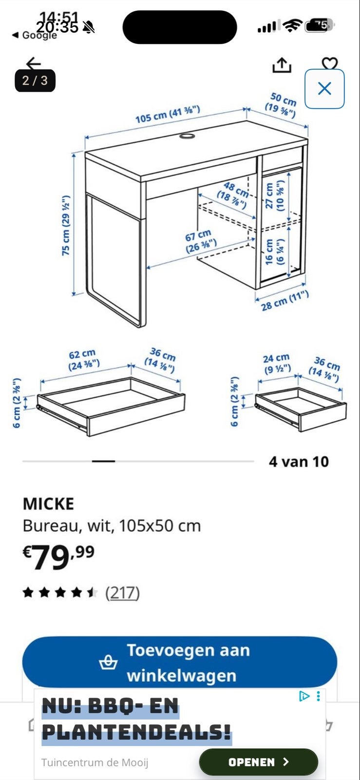 IKEA MICKE Bureau wit 105x50 cm, Gebruikt, Met lades, Spaanplaat of MDF, Ophalen of Verzenden