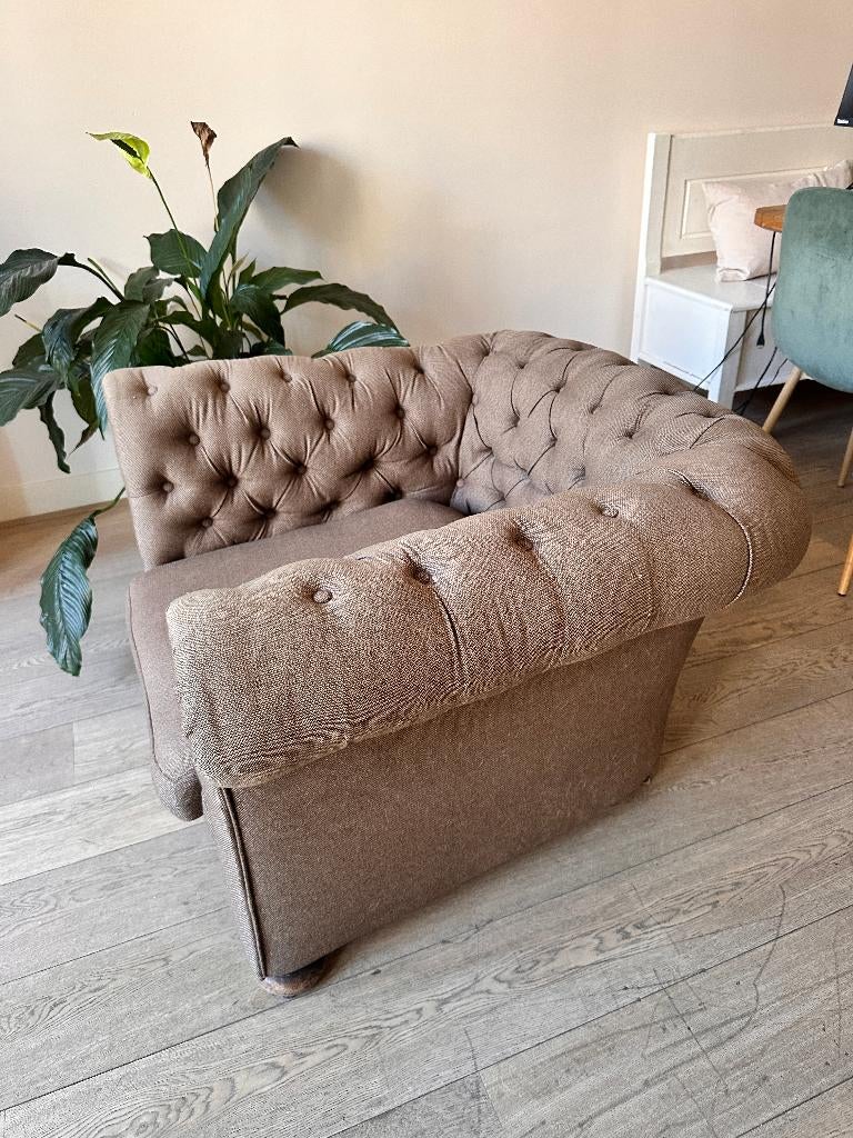 Chesterfield fauteuil bruin stof, Ophalen, Gebruikt, 75 tot 100 cm, Stof