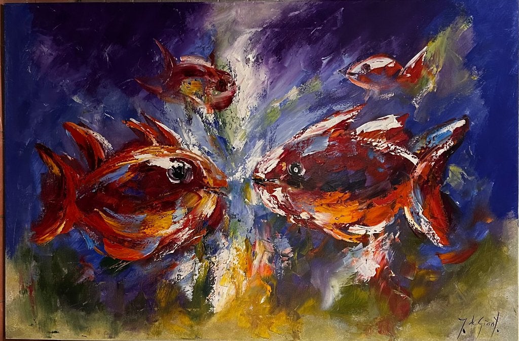 Figuratief olieverfschilderij "Vissen" van Jochem de Graaf, Ophalen, Handgeschilderd, Dieren, Olieverf