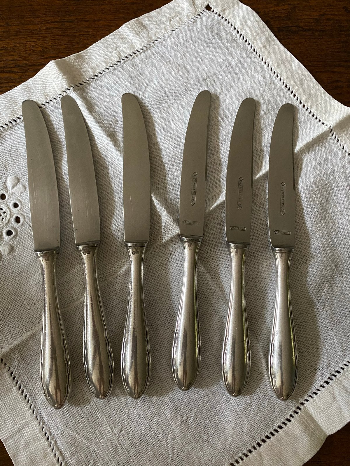 Set van 6 antieke verzilverde ontbijt messen, Ophalen of Verzenden
