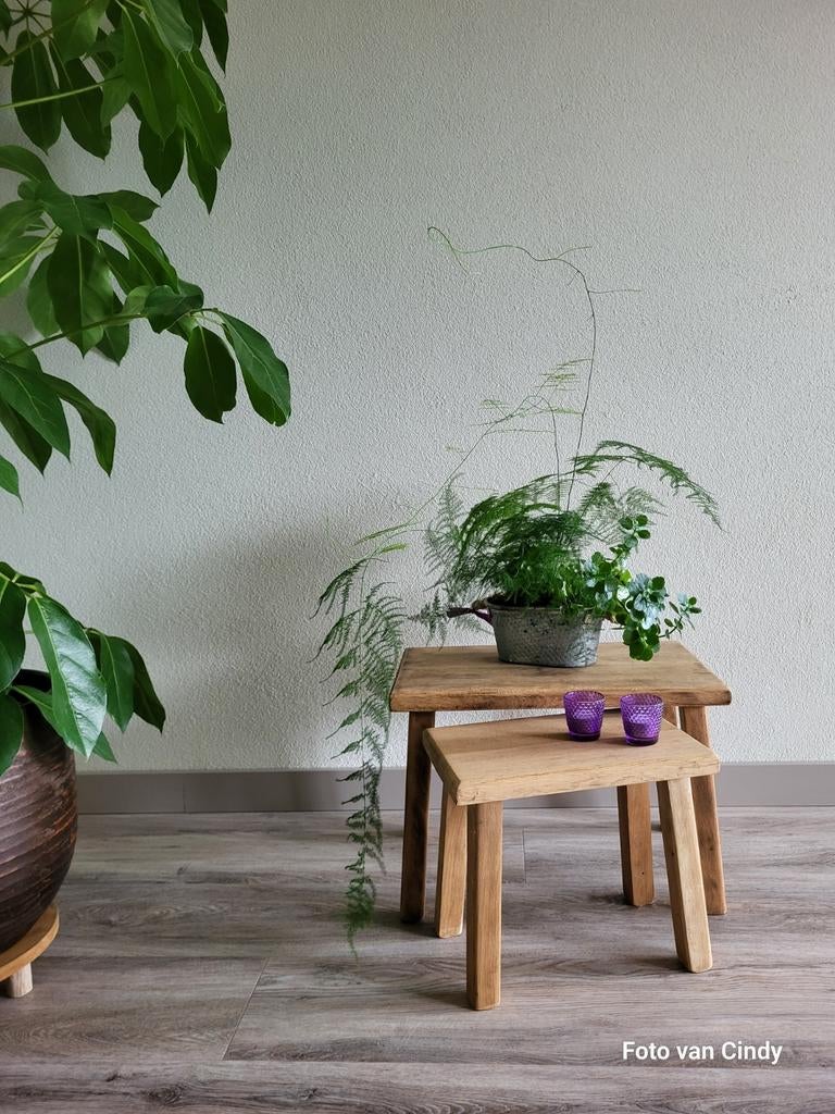 Massief eiken bijzet tafeltjes. Geschuurd en onbehandeld, Ophalen, Hout
