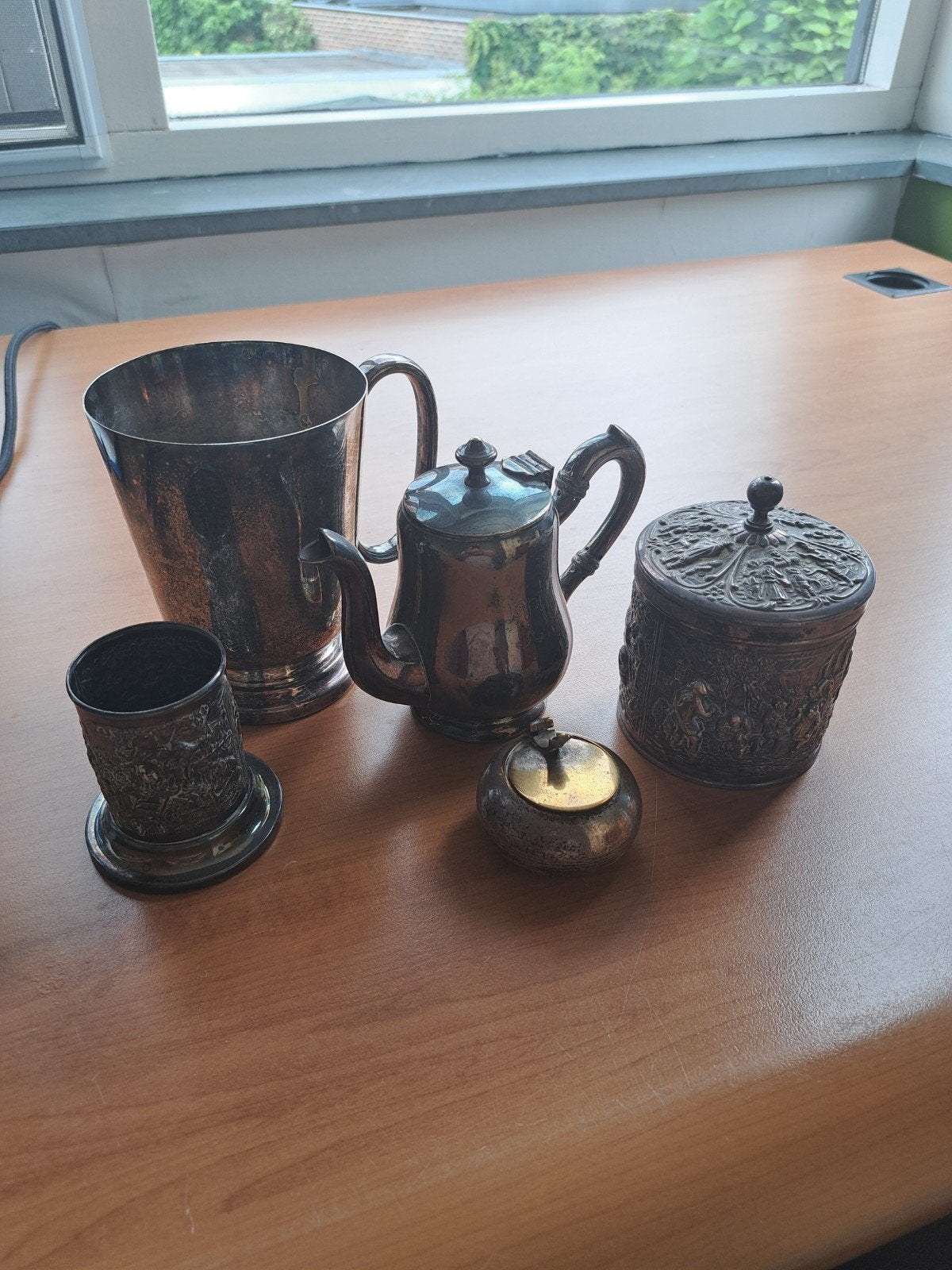 Verzilverde theepot, beker en potjes - Vintage set, Ophalen