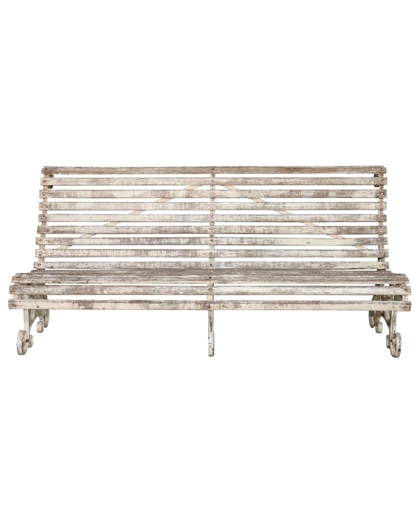 Antieke teakhouten tuinbank met sierlijk smeedijzeren frame, Ophalen of Verzenden, Gebruikt, Teakhout
