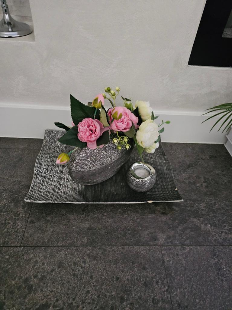 Decoratieve schaal met vaas en theelichthouder, Ophalen of Verzenden, Zo goed als nieuw, Zilver, Metaal