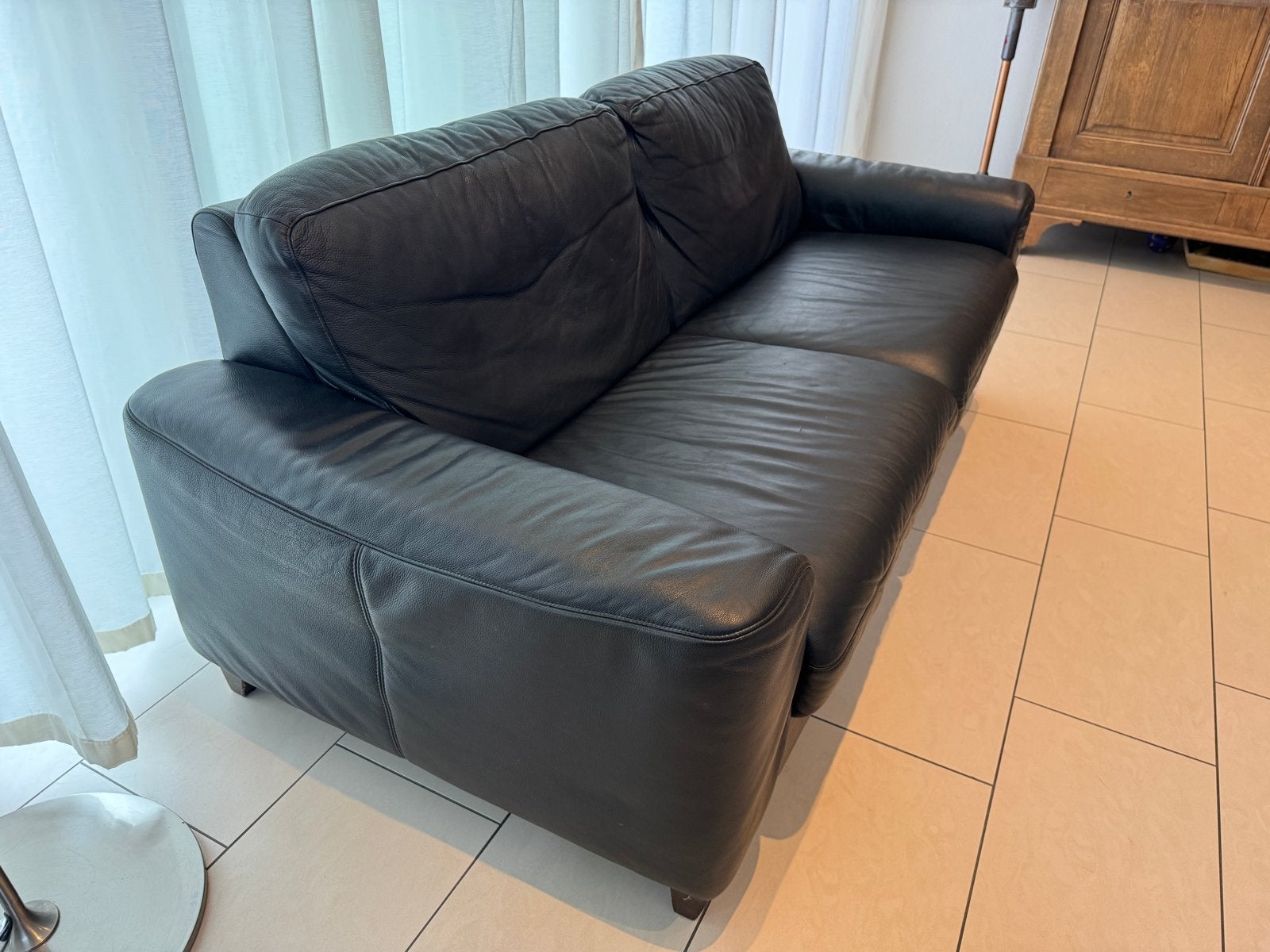 Montel 2,5-zits zwart leren bank - 190cm breed, Ophalen, Gebruikt, 150 tot 200 cm, Driepersoons
