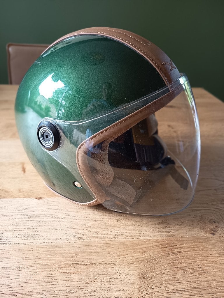 ALS NIEUW! - Retro open helm met vizier en zonneklep - GROEN, Ophalen of Verzenden, Zo goed als nieuw, Medium