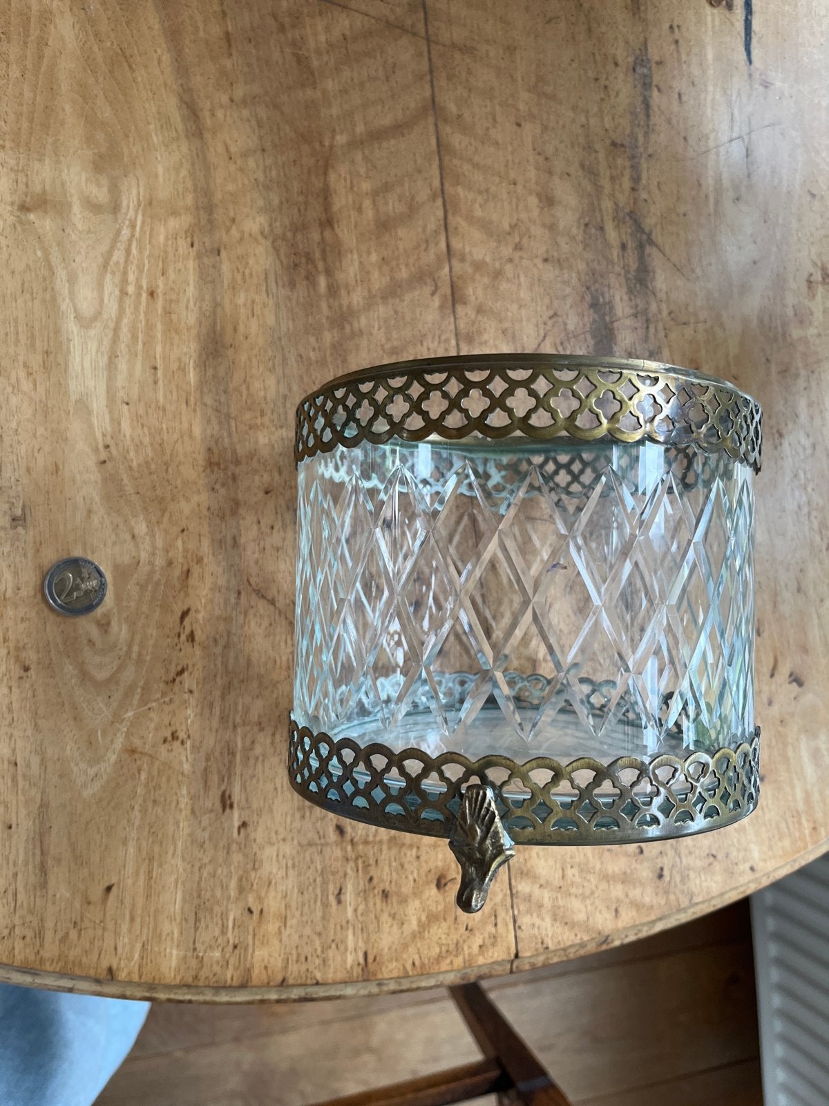 Vintage glazen pot met messing rand en pootjes, Ophalen of Verzenden