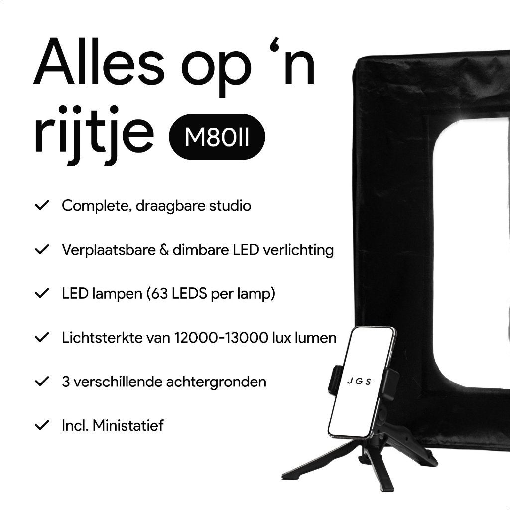 JGS Fotostudio M80 – 80x80x80cm – LED Studio, Ophalen of Verzenden, Zo goed als nieuw, Complete fotostudio