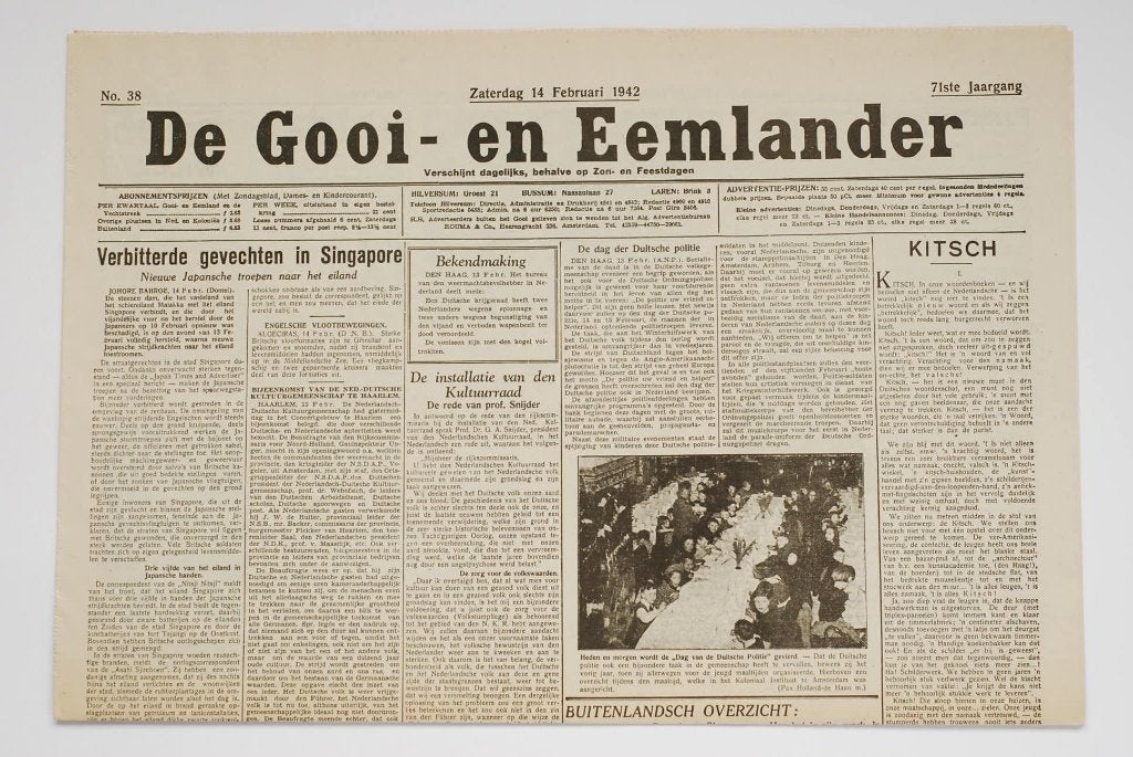 De Gooi- en Eemlander - 14 februari 1942 herdruk krant WOII, Zo goed als nieuw, Verzenden, Amsterdam, Overige soorten