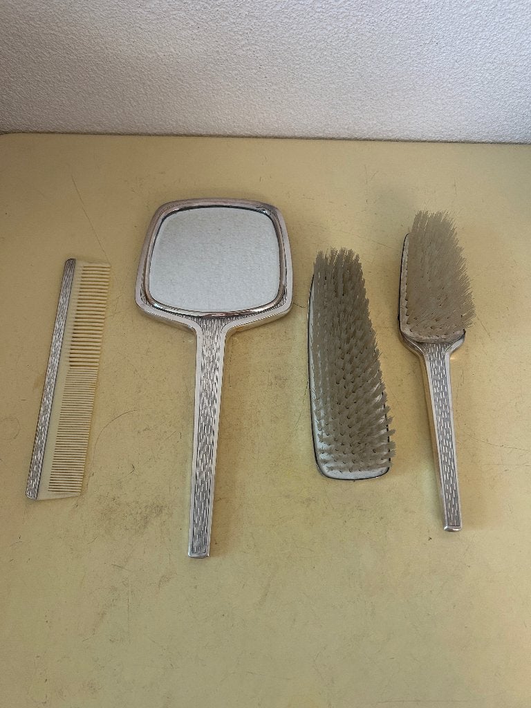Vintage verzilverde kaptafelset spiegel borstels kam, Antiek en Kunst, Ophalen of Verzenden, Rechthoekig, Minder dan 50 cm, Minder dan 100 cm