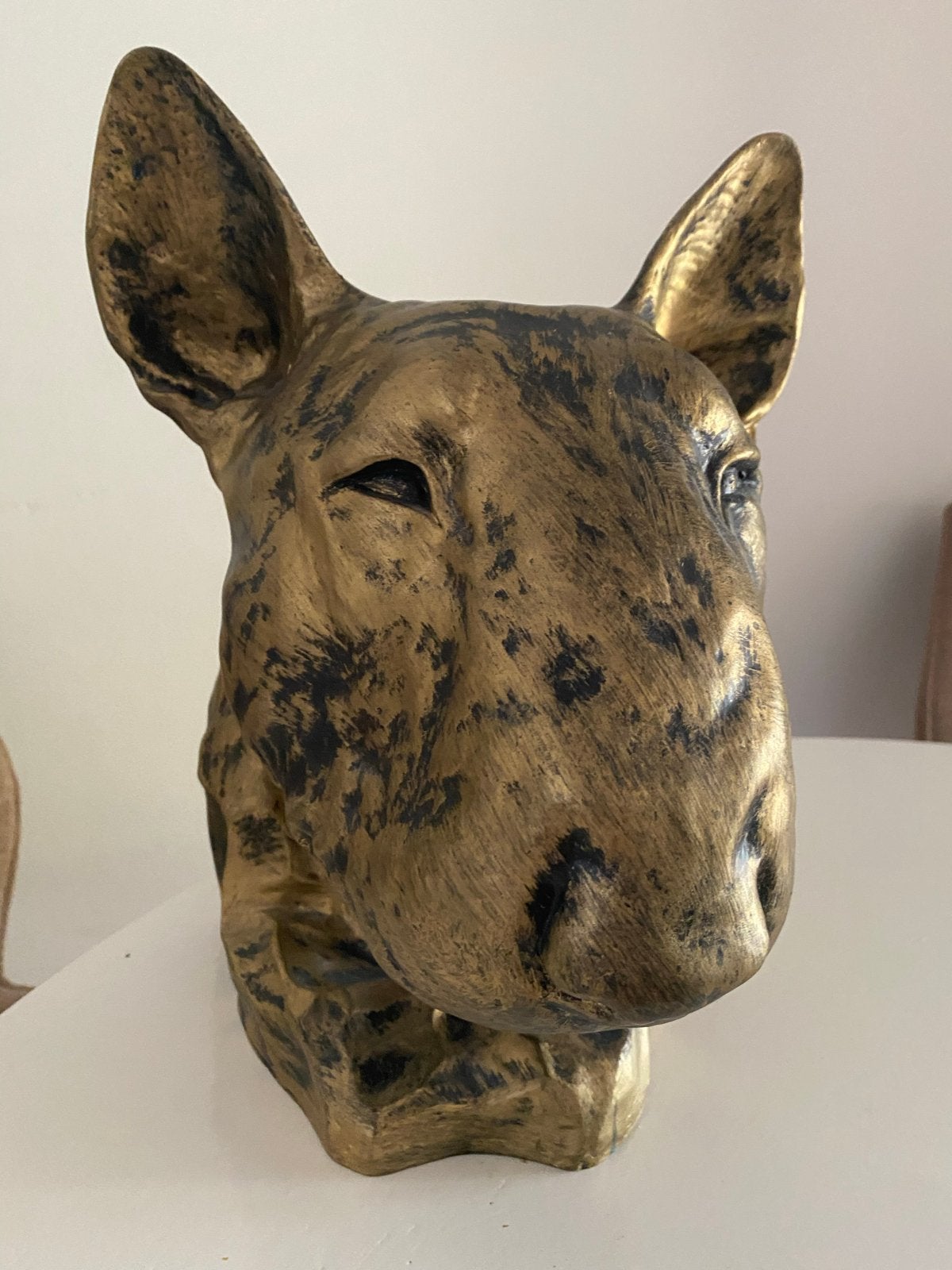 Goudkleurige Bull Terriër Buste Beeld - Uniek Decoratiestuk, Buste, Ophalen of Verzenden, Zoogdier, 20 - 50 cm