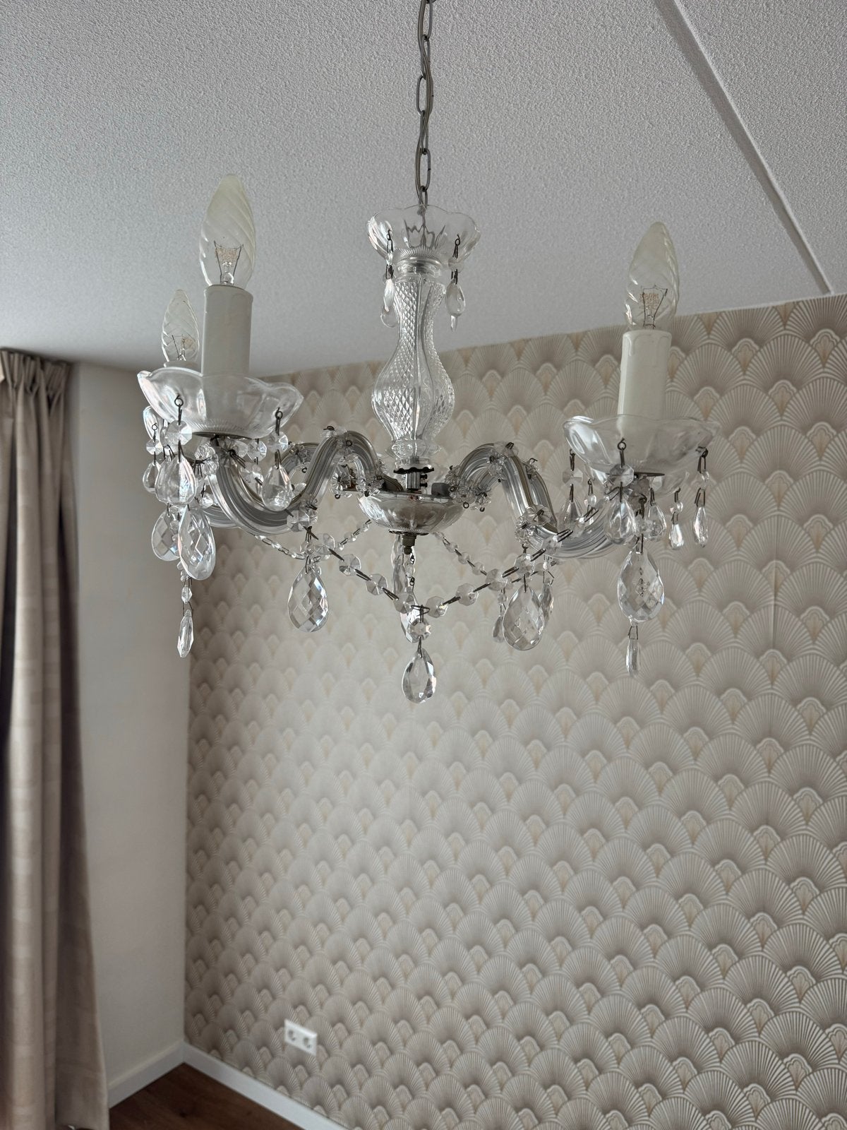Elegante glazen kroonluchter met 5 armen, Ophalen, Zo goed als nieuw, Glas, E14 (klein)