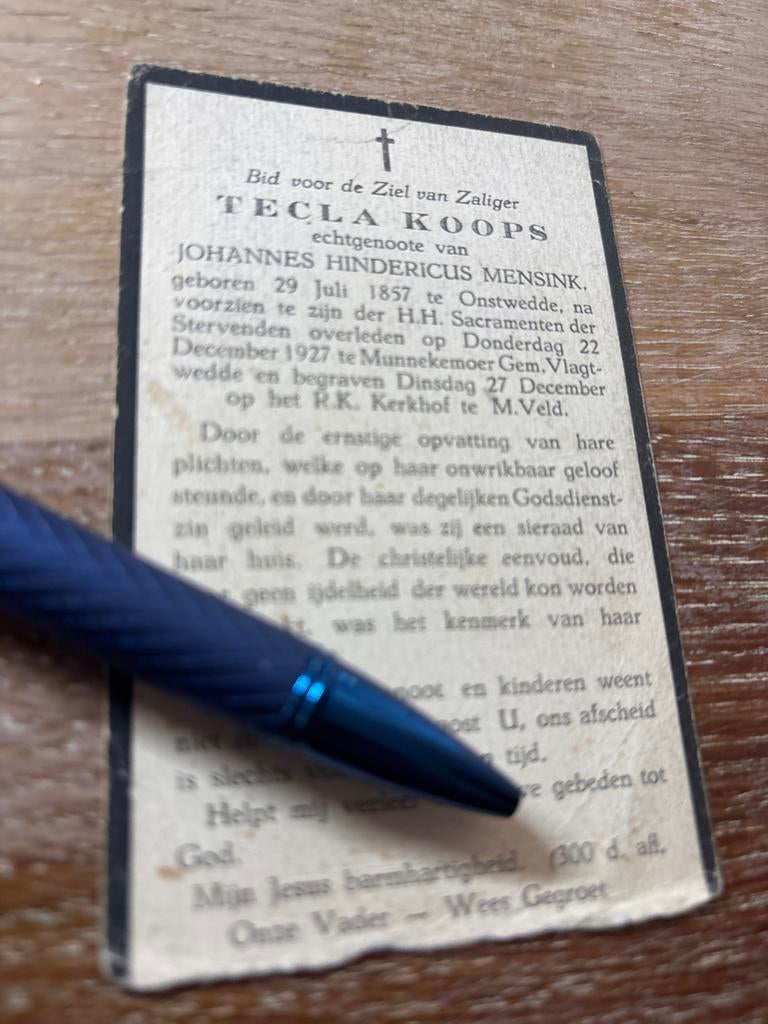 Koops Tecla 1857 Onstwedde 1927 Munnikemoer x Mensink, Ophalen of Verzenden, Bidprentje