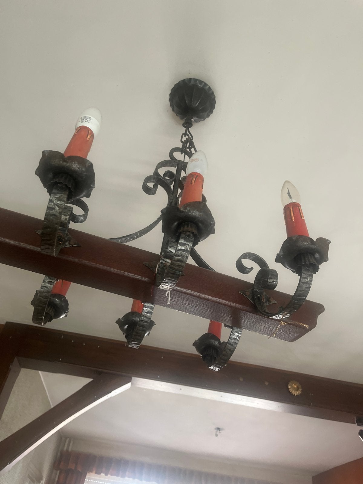 Vintage Smeedijzeren Kroonluchter met Houten Balk, Ophalen, Gebruikt, Hout, E14 (klein)