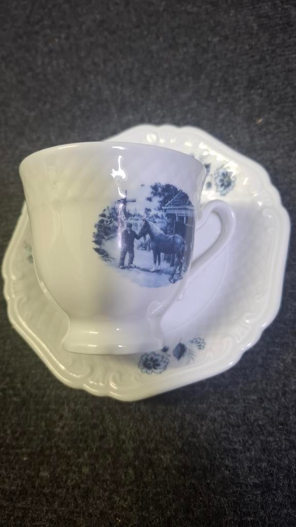 Antiek Delfts Blauw Theekopje met Schotel - Paard en Boer, Ophalen