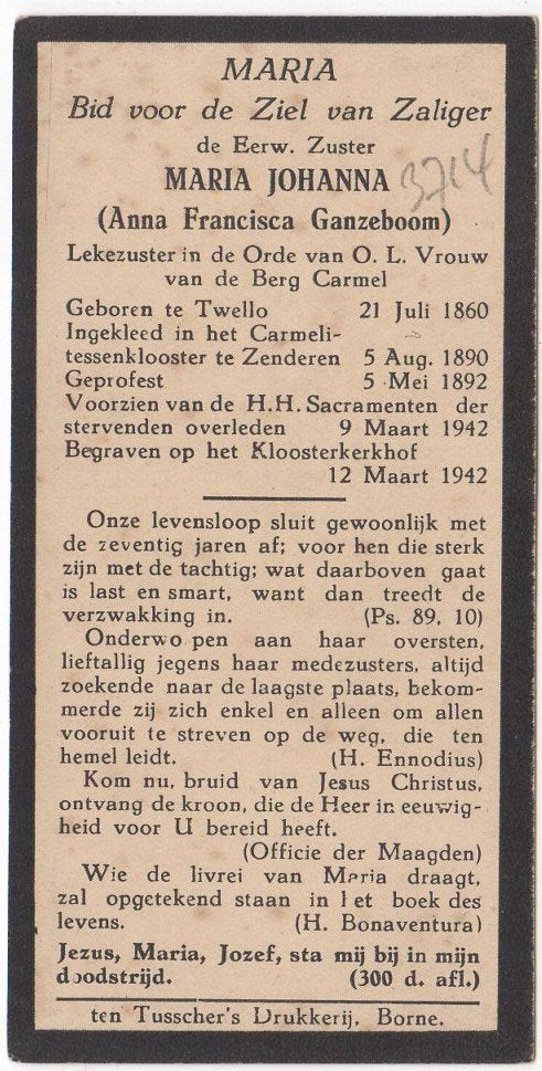 zr. Anna Fr. Ganzeboom 1860 Twello + 1942 Zenderen, 81 jaar, Verzenden