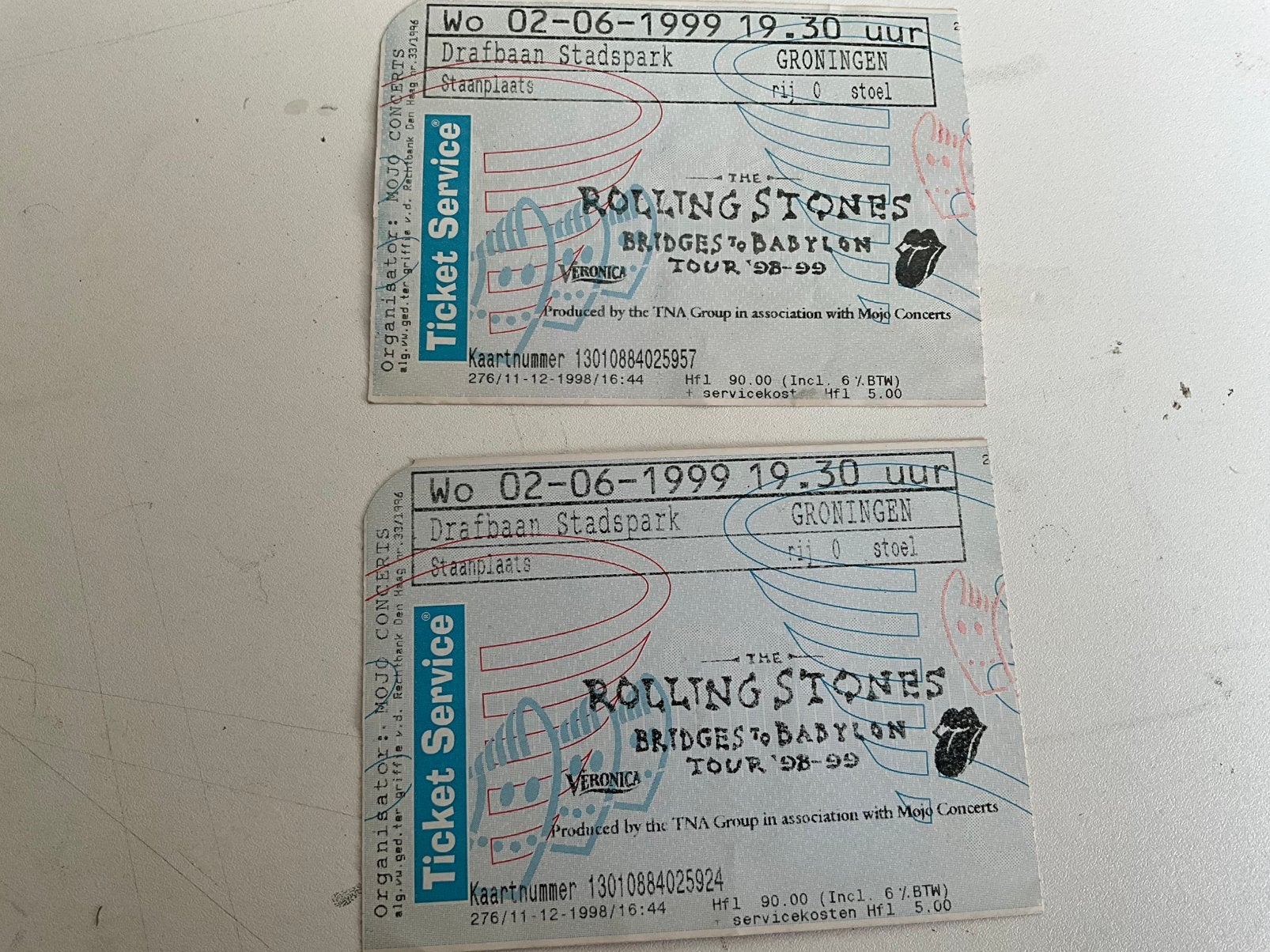 2 entree tickets Rolling Stones Groningen 2 juni 1999, Ophalen of Verzenden, Gebruikt