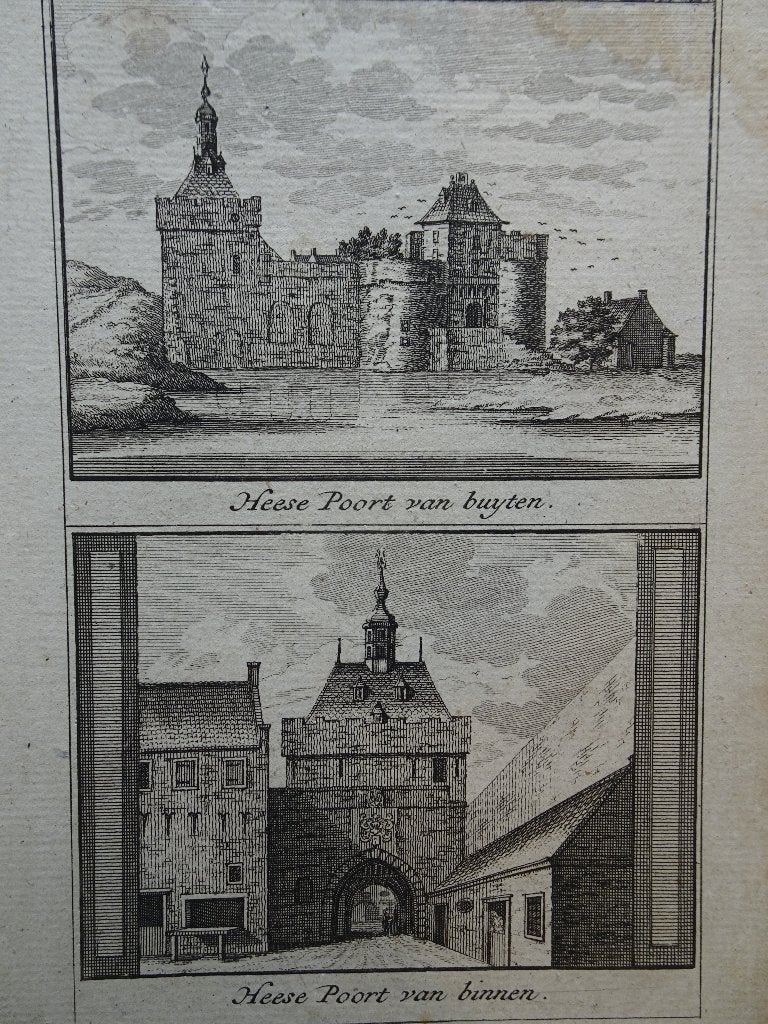 Originele dubbelgravure Hezelpoort te Nijmegen, 18e eeuw, Antiek en Kunst, Kunst | Etsen en Gravures, Stadsgezicht, Ophalen of Verzenden