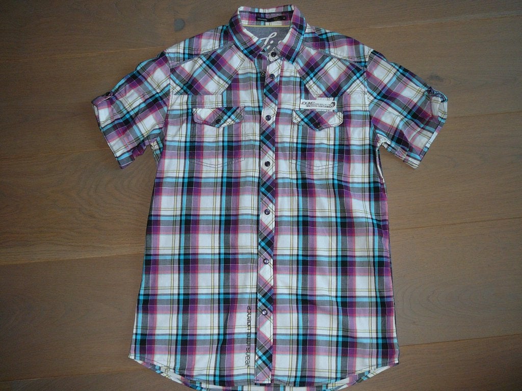 Te koop:Leuk geruit overhemd, met korte mouw JACK&JONES Mt:S, Kleding | Heren, Overhemden, Blauw, Zo goed als nieuw, Jack & Jones