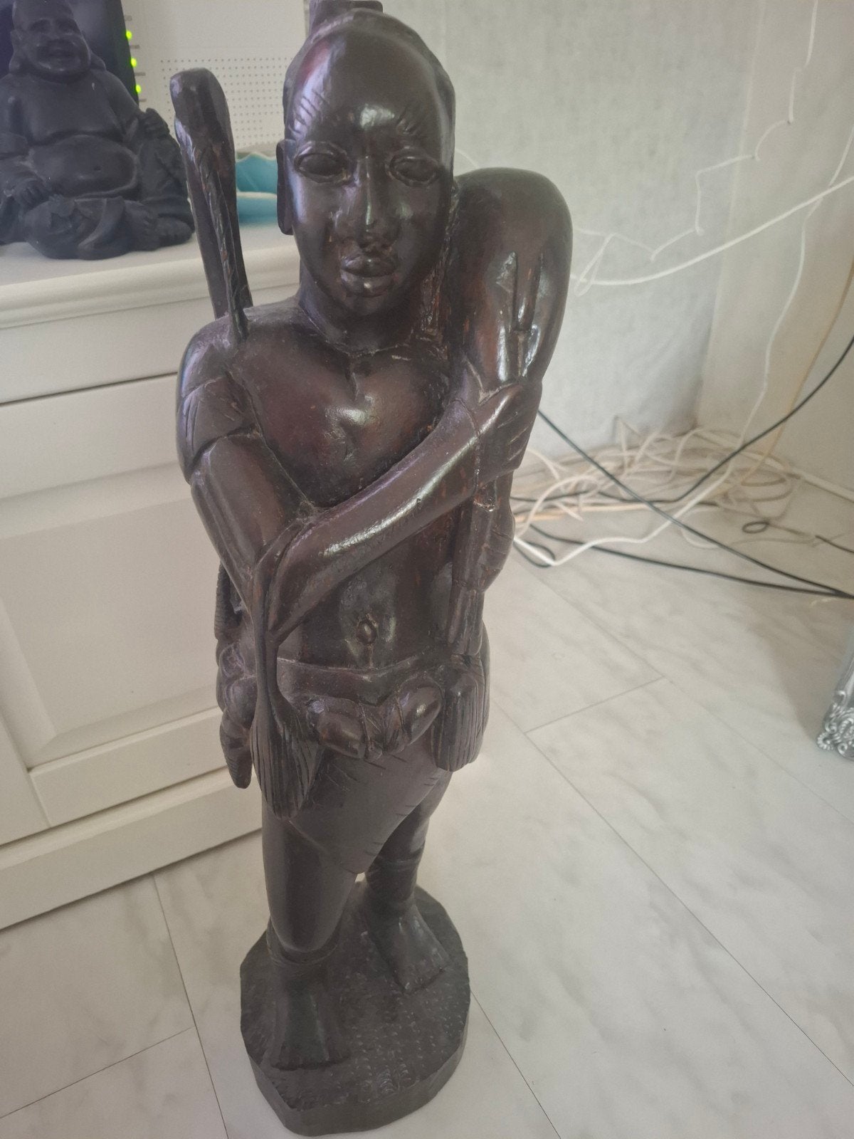 Handgesneden Afrikaans Houten Beeld - Jager met Speer, Antiek en Kunst, Kunst | Beelden en Houtsnijwerken, Beeld, Hout, Man, 50 - 100 cm