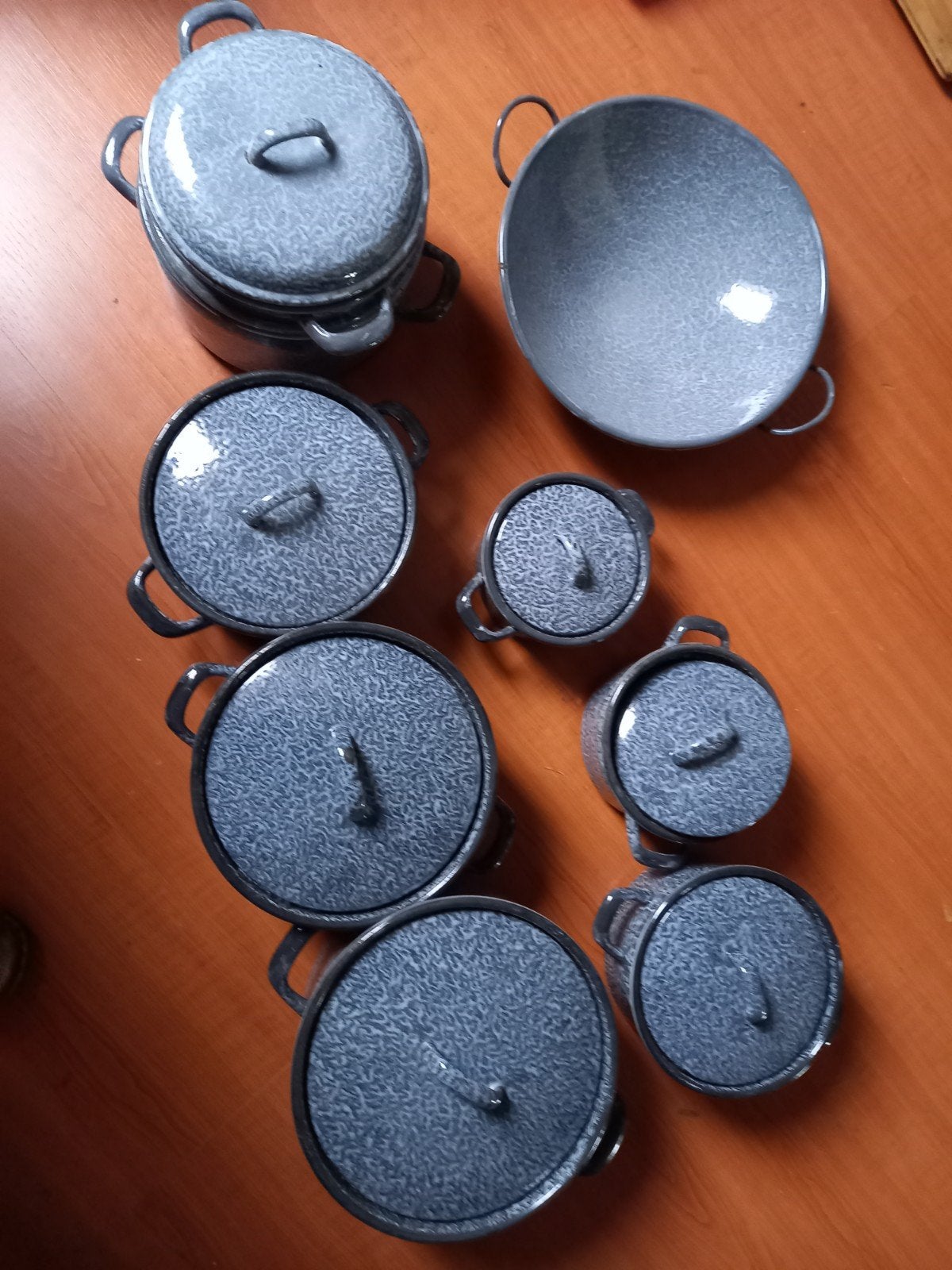 8 delig grijs gewolkte emaille pannenset, Ophalen of Verzenden, Rvs, Pannenset