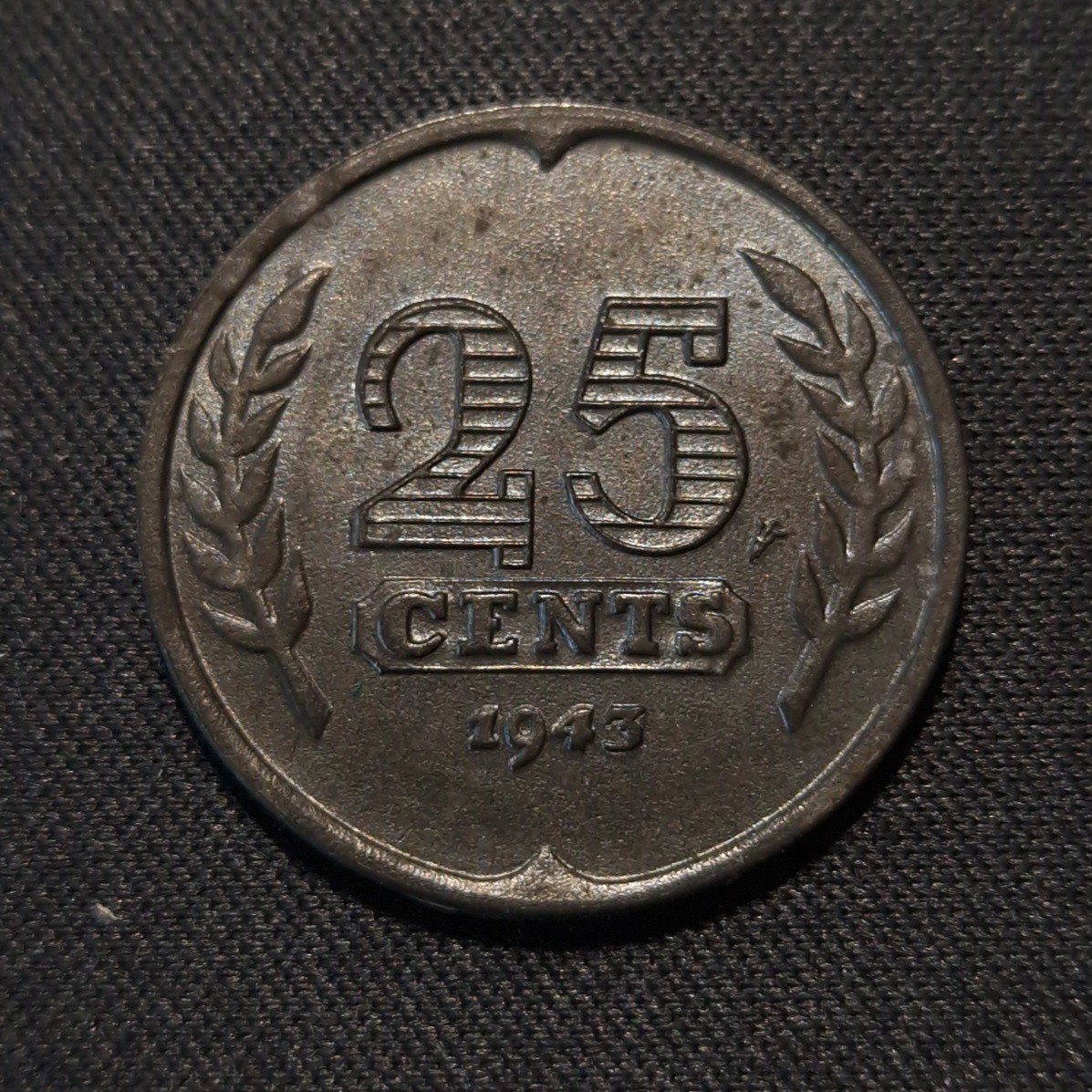 25 cent 1943 zink, Postzegels en Munten, Ophalen of Verzenden, Koningin Wilhelmina, 25 cent, Losse munt