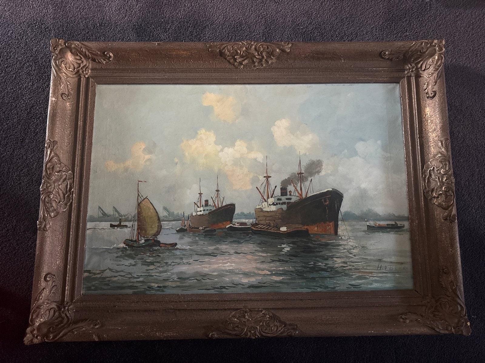 Maritiem schilderij met schepen, gesigneerd H. Verbeek, Antiek en Kunst, Maritiem / water, Doek, Ophalen of Verzenden, Gesigneerd