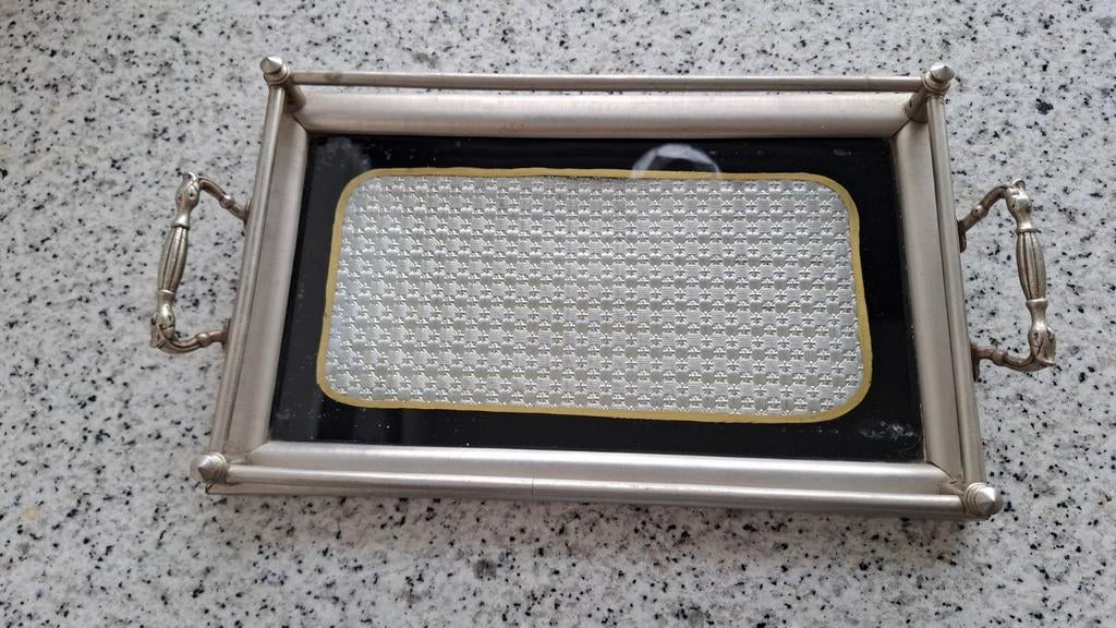 Antiek dienblaadje art deco tinnen rand en handvaten 18x30cm, Ophalen of Verzenden