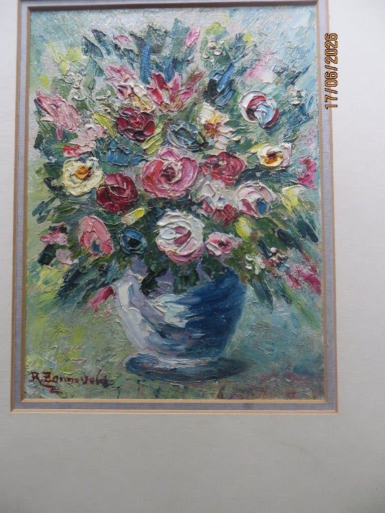 R.ZONNEVELD, Pracht. Schild Vaas met Bloemen Gr schildering, Antiek en Kunst, Ophalen of Verzenden