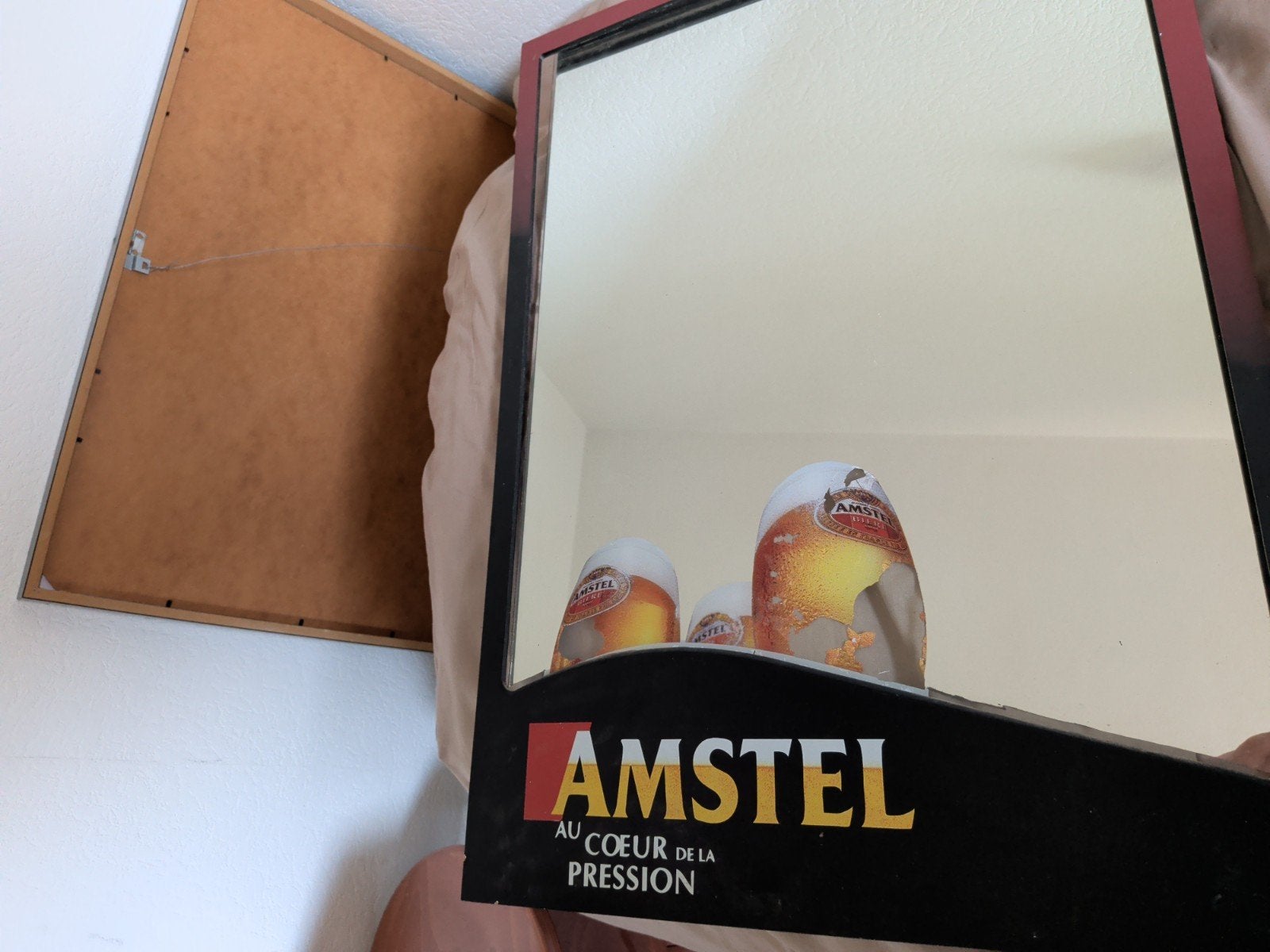 Franse Amstel bier spiegel  in zwart rode lijst., Huis en Inrichting, Kasten | Overige, Ophalen, Gebruikt