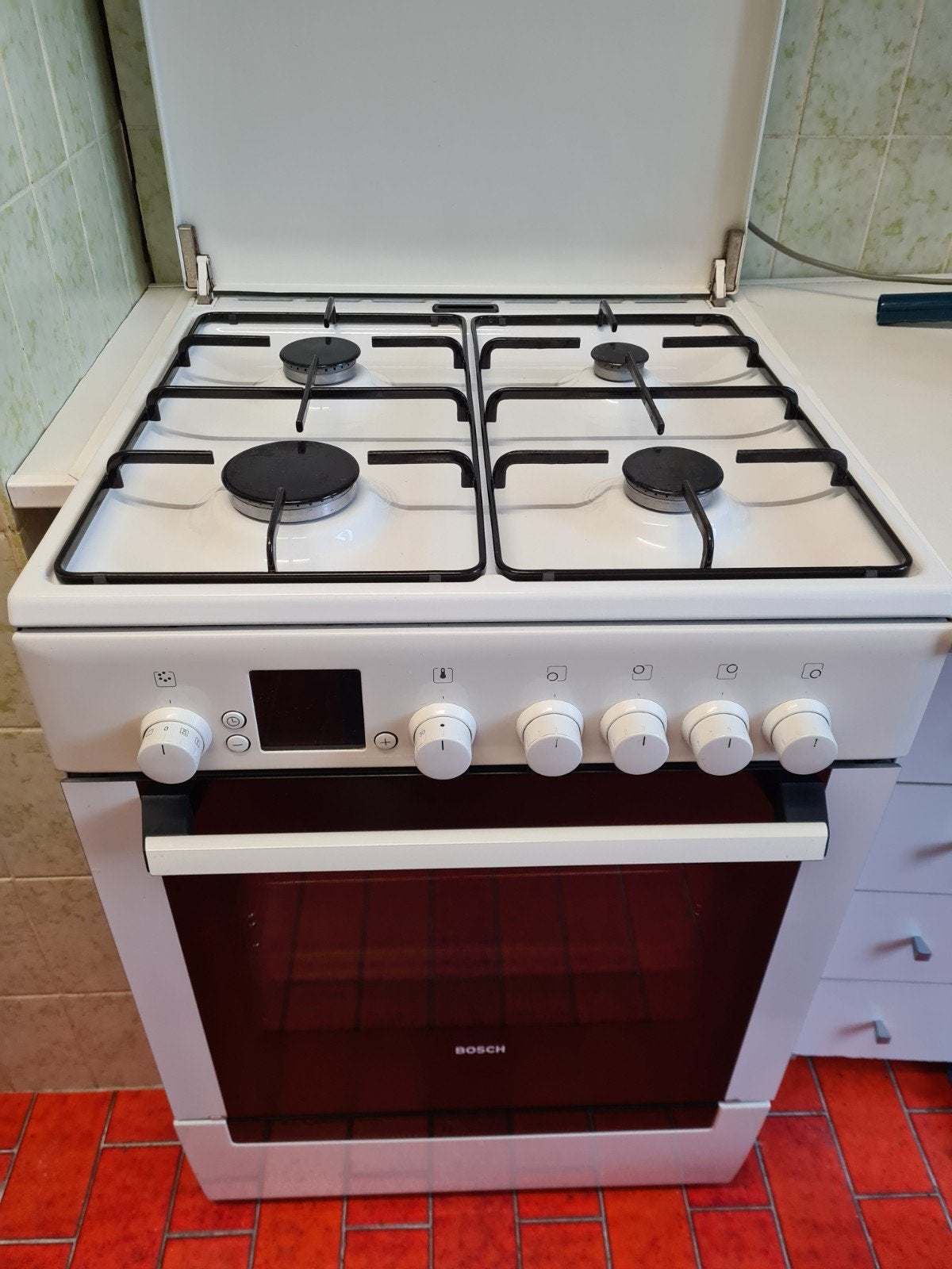Bosch Gasfornuis met Heteluchtoven - Wit (60 cm), Witgoed en Apparatuur, Ophalen, Gebruikt, 4 kookzones, Gas