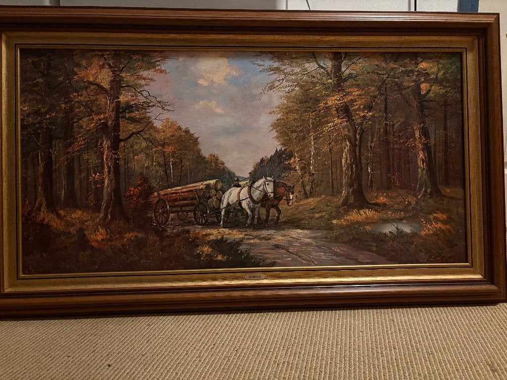 Schilderij: Bosgezicht met paarden en kar, Kuboth, Ophalen, Doek, Realistisch, Landschap
