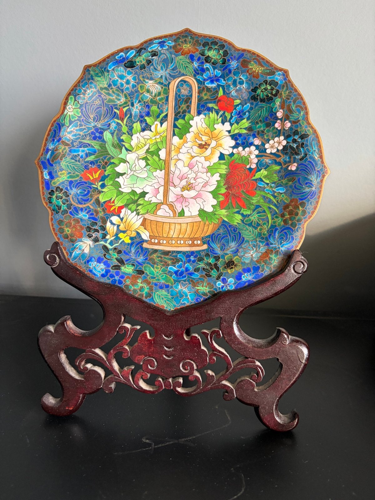 Vintage Chinees Cloisonné Sierbord met Bloemenmand, Ophalen