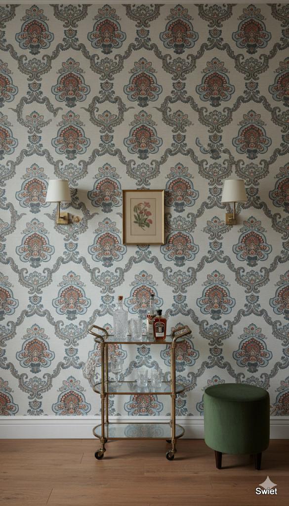 14132 blauw rood barok vintage wallpaper bohemian swiet, Verzenden, Minder dan 10 m², Grijs