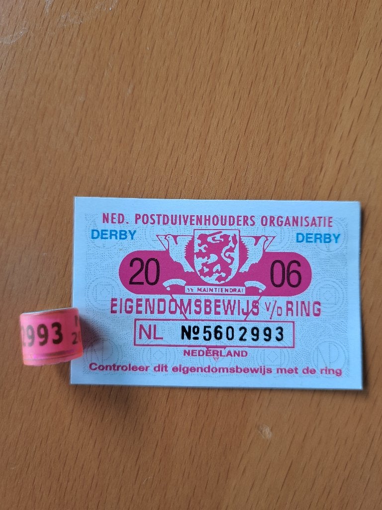 Derby 2006 Duivenring met bewijs postduiven, Ophalen of Verzenden, Vogel, Overige typen