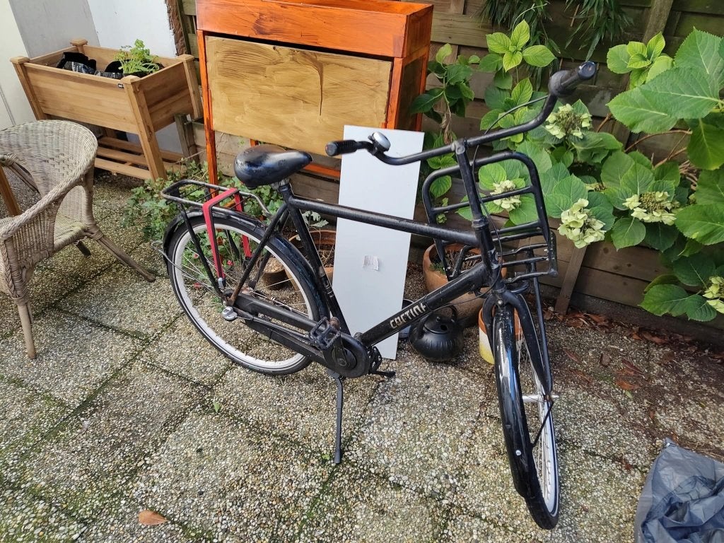 Cortina zwarte heren fiets, Terugtraprem, Gebruikt, Versnellingen, Ophalen