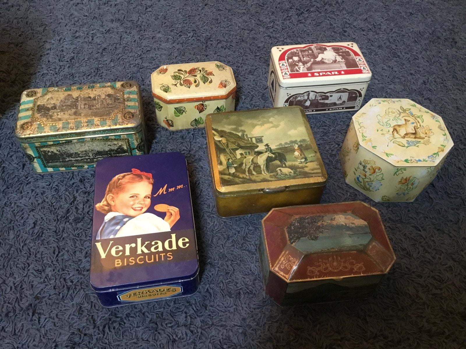 Set van 7 Vintage Koekblikken - Diverse Merken en Ontwerpen, Ophalen of Verzenden, Gebruikt, Koek(jes), Verkade